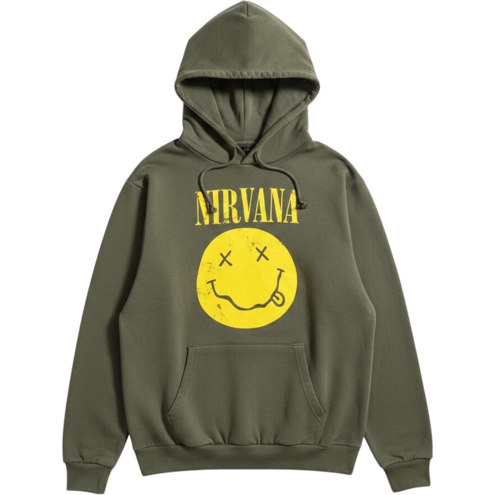 Nirvana Smiley Face Graphic Hoodie Olive Green Distressed Grunge Rock XL